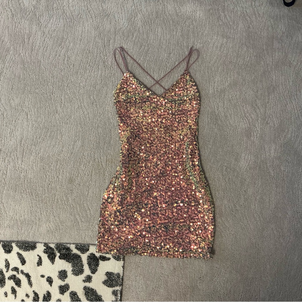 AKIRA Iridescent Sequin Mini Dress in Rose-Taupe